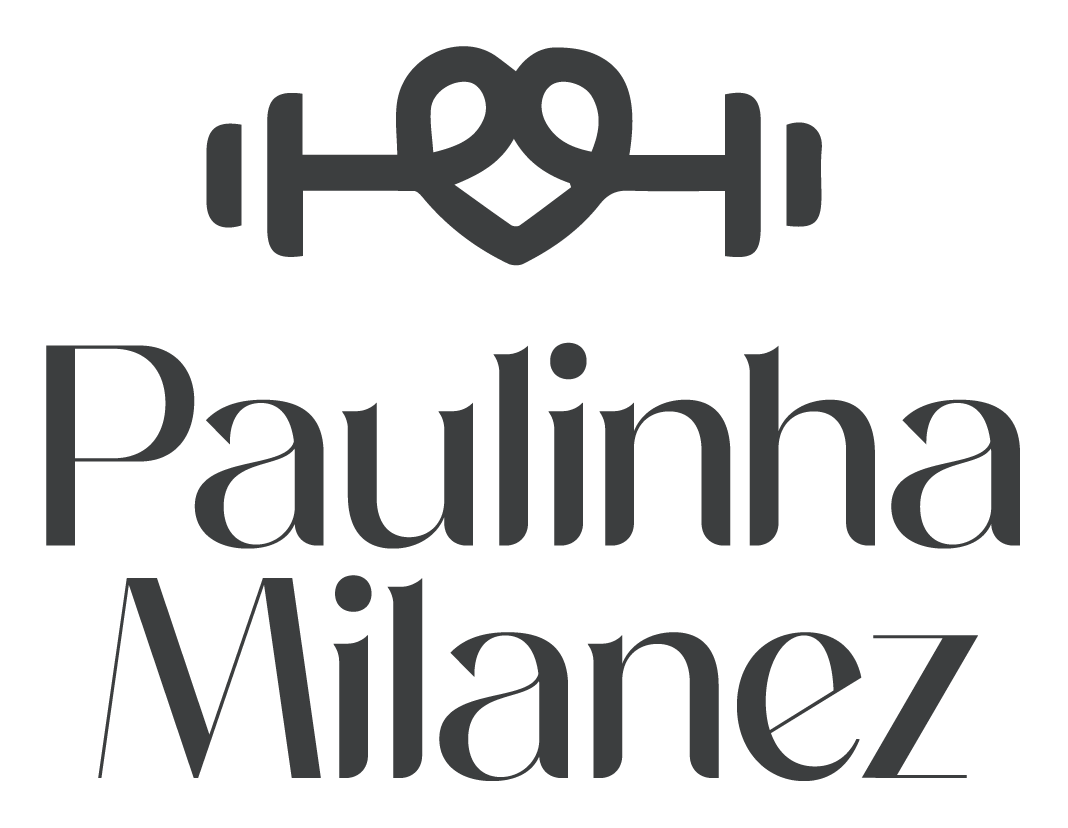 Logotipo em destaque com a nome Paulinha Milanez, acompanhado por um ícone central de coração com formato de fita, em cinza sobre fundo preto.